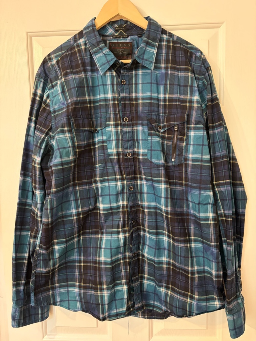 Guess Men's Teal and Navy Plaid Button-Down Shirt